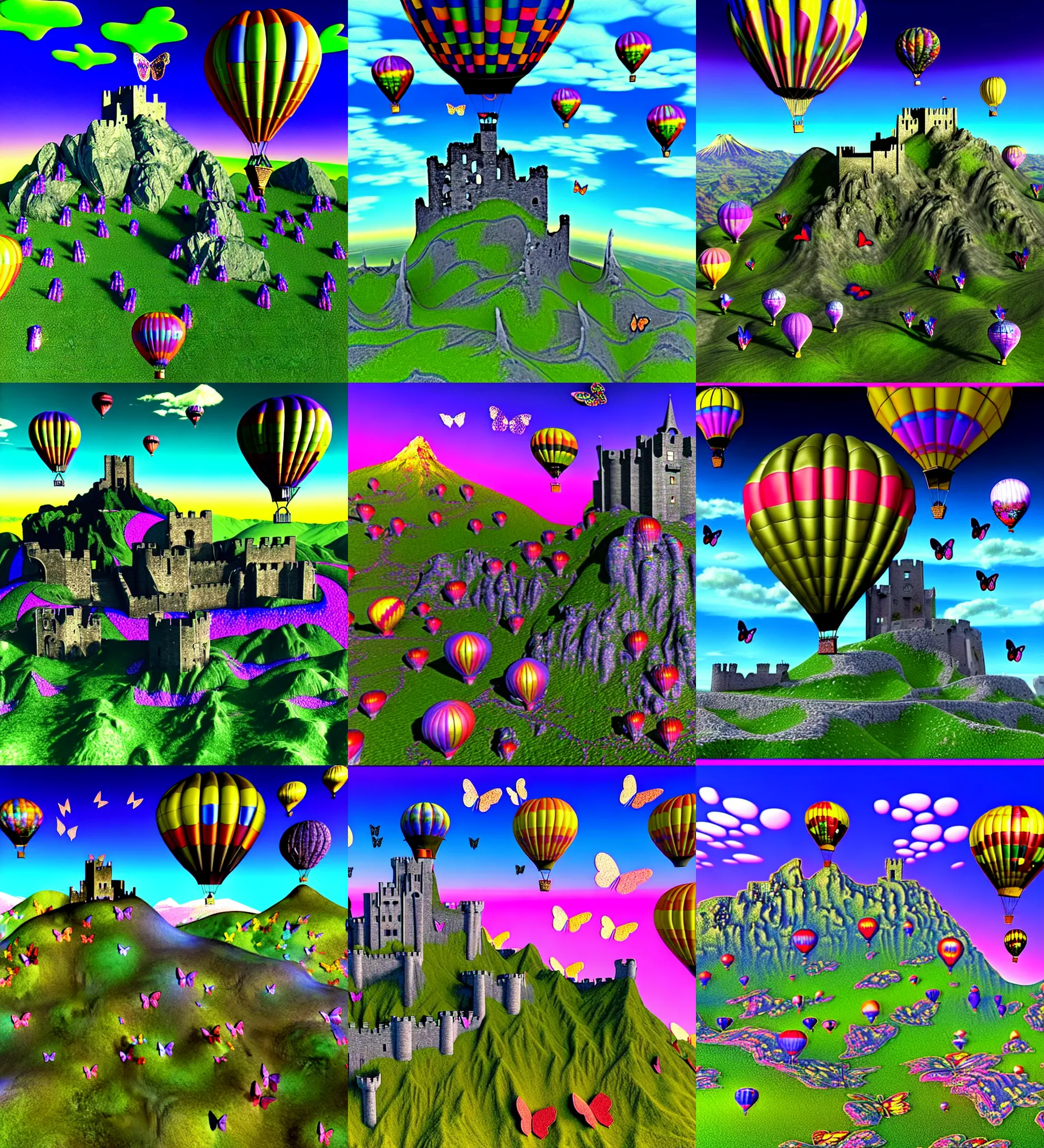 Prompt: 3 d render of cybernetic mountain landscape with castle ruins with hot air balloon against a psychedelic surreal background with 3 d butterflies and 3 d flowers n the style of 1 9 9 0's cg graphics, lsd dream emulator psx, 3 d rendered y 2 k aesthetic by ichiro tanida, 3 do magazine, wide shot