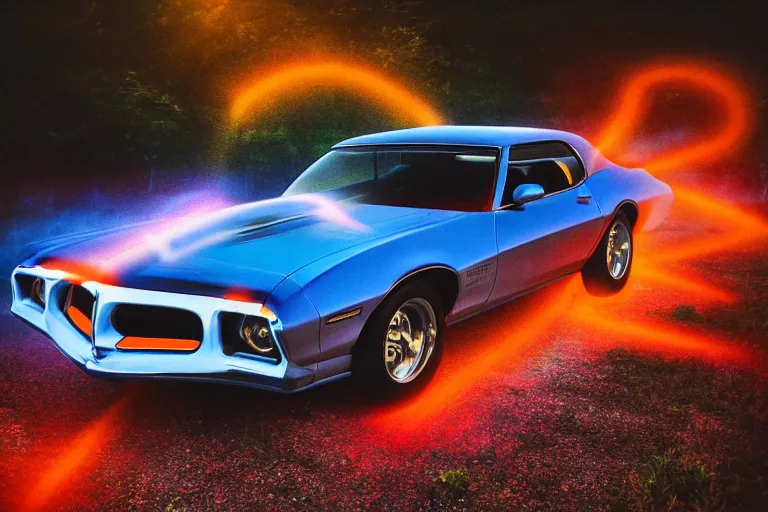 Image similar to pontiac firebird with glowing paint, sunrise, eerie light, fireflies, pokemon, pokemon, dramatic, cinematic, forest, sunbeams, volumetric lighting, wide shot, low angle, lightning hitting the car