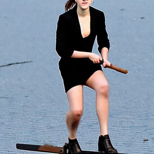 Prompt: Emma Watson sitting on a magic broomstick flying in the clouds, full body shot