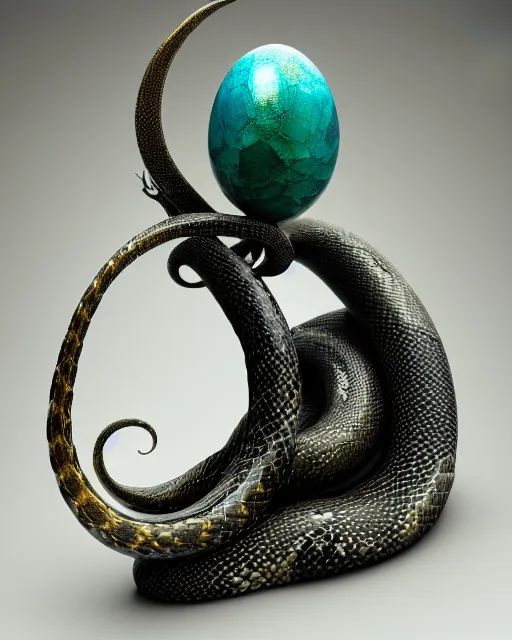 Image similar to a photo of a sculpture of a snake from blue and emerald and amethyst crystal geode formations encircling a marble egg on a base of obsidian made with liquid gold tendrils by ellen jewett by stanisław szukalski, octane render, recursive, tendrils, elestial crystals, geode, refracted light