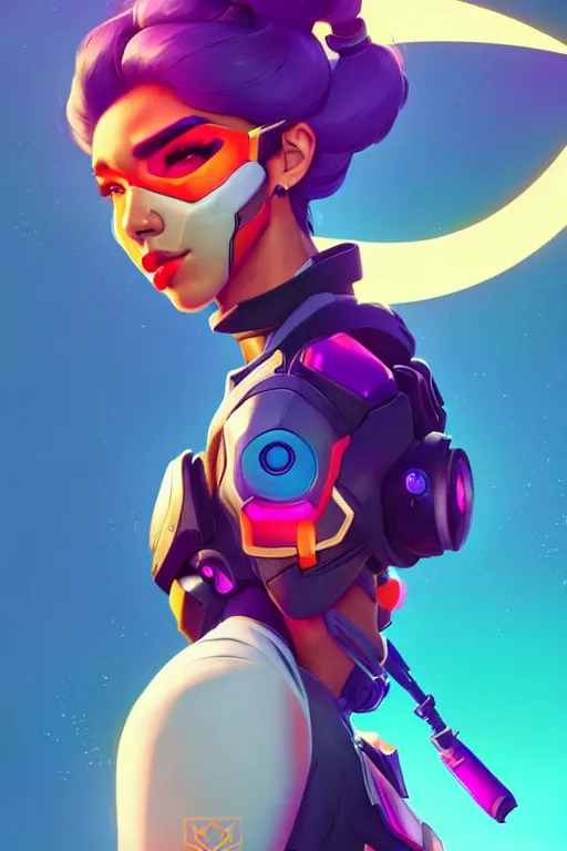 Prompt: portrait of beautiful madison beer as an overwatch character!! artstation winner by victo ngai, kilian eng and by jake parker, by conrad roset, swirly vibrant color lines, winning award masterpiece, fantastically gaudy, aesthetic octane render, 8 k hd resolution