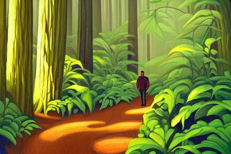 Image similar to a stunning wpa style painting of a man walking down a mysterious path in a redwood forest, award winning art, banana slug