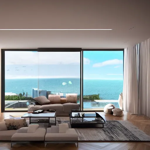 Prompt: modern futuristic interior home design, living room with window facing the sea and sun, hyper-realistic, ultra-detailed, high resolution, bright and clear, HDR shot, cinematic lighting