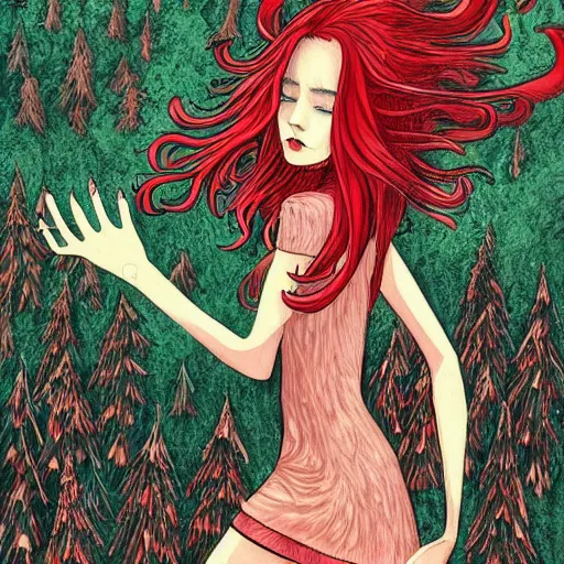 Image similar to a ultra detailed illustration of a red + haired + girl wandering alone in a mysterious forest in the style of thomke meyer and julia plath, on instagram, intricate, fantasy, hyperdetailed