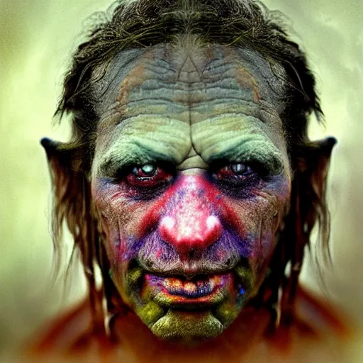 Prompt: a realistic photograph of a orc with colorful galaxy eyes taken by sally mann, portrait, foggy, hazy, muted colors, detailed, bleak, 70mm