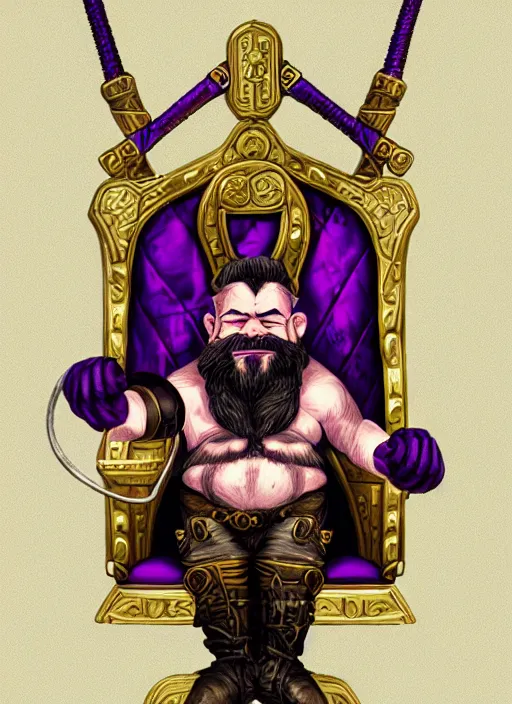 Prompt: dwarf fighter sitting in mechanical chair that has spider legs, gold and purple, exquisite details, black beard, white background, by studio muti