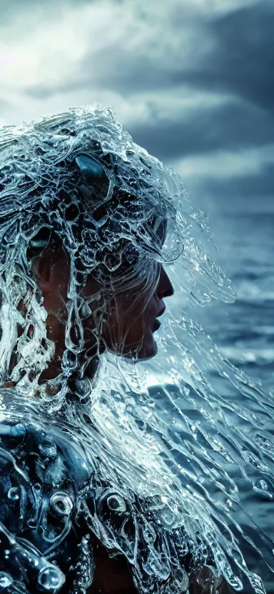 Prompt: armor made of water, made of liquid, rising up from ocean, water armor, high detail, high contrast, medium close up portrait, studio lighting, stormy seas, beautiful, bokeh, snowy, storm clouds, god rays, d & d, fantasy, elegant, aquamarine color palette, concept art, roger deakins and greg rutkowski and alphonse mucha