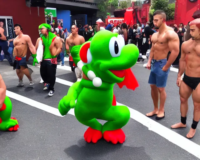 Image similar to yoshi mosh pit, muscular yoshi, yoshi gigachad clones