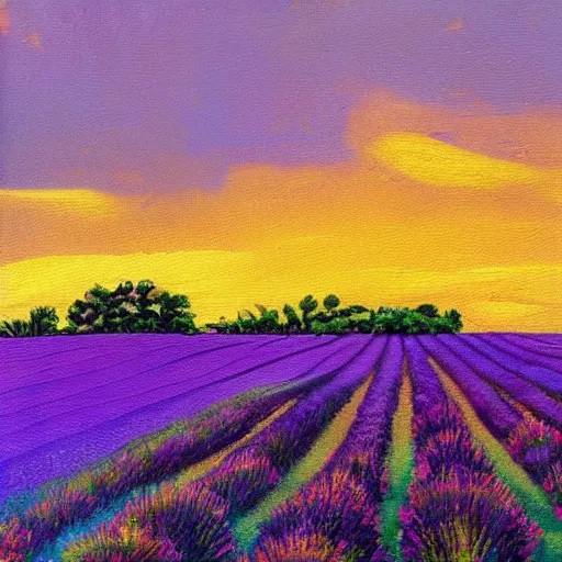 Image similar to painting of lavender field, highly detailed, golden hour