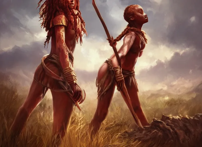 Image similar to landscape, portrait painting beautiful realism, an african girl red hair in wood armor, holding spear, who was sprawled out was about to rise, his face covered in blood. cinematic scene, good lighting, fine art, trending on artstation, smooth draw, sharp focus.