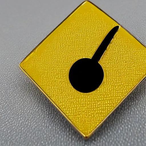 Prompt: a diamond enamel pin of a caution exclamation mark warning label, smooth curves, dribble