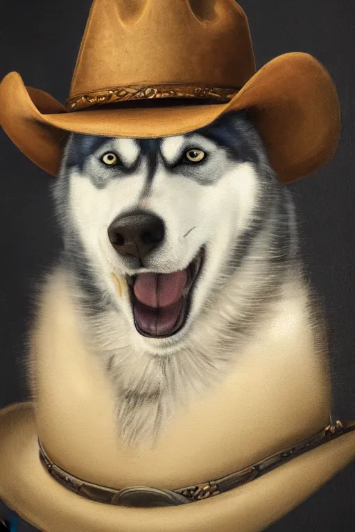 Prompt: a portrait painting of a husky wearing a cowboy hat, by rembrandt, western film, humanoid, personify, anthropomorphic, trending on artstation