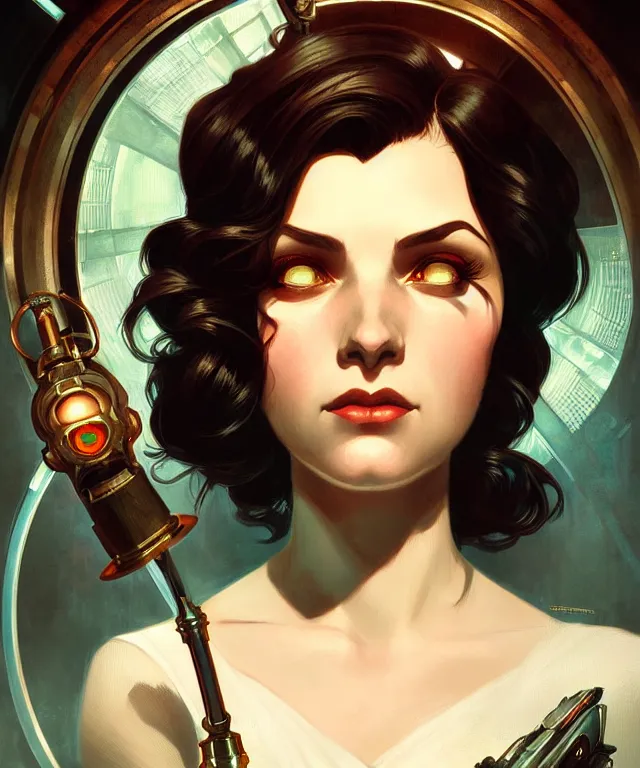 Image similar to bioshock big sister portrait, intricate, elegant, highly detailed, digital painting, artstation, concept art, smooth, sharp focus, illustration, art by artgerm and greg rutkowski and alphonse mucha