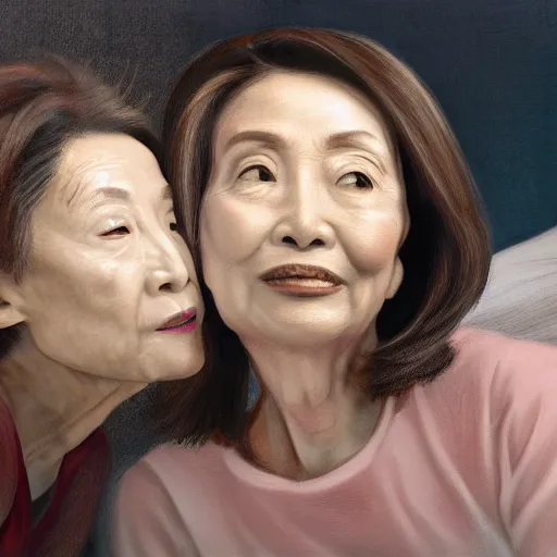 Prompt: An ultradetailed picture of Tsai Ing-wen and Nancy Pelosi lying in bed, kissing, by Michelangelo, 4k