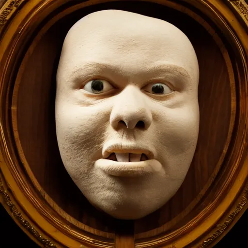 Image similar to a taxidermized apple with a human face, in a museum, 8 5 mm lens, 7 0 mm entrance pupil diameter