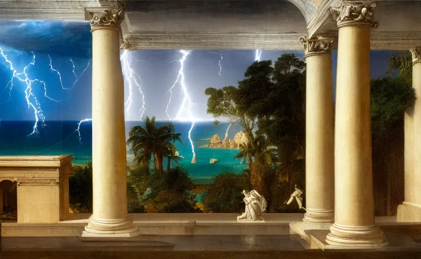 Image similar to mediterranean balustrade and columns, refracted lightnings on the ocean, thunderstorm, greek pool, beach and Tropical vegetation on the background major arcana sky and occult symbols, by paul delaroche, hyperrealistic 4k uhd, award-winning, very detailed paradise