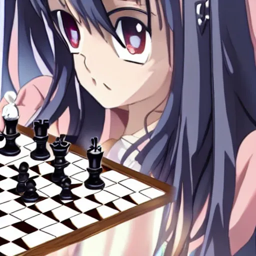 Image similar to anime art of long black hair anime girl pondering next to a chess set, official art