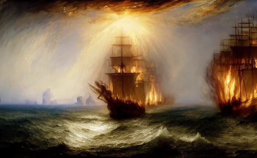 Image similar to epic naval battle, pirate galleons. by artstation trending, by joseph mallord william turner, luis royo, konstantin razumov, cinematic lighting, fractal flame, highly detailed