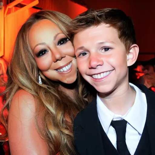 Prompt: mariah carey hugs tom holland