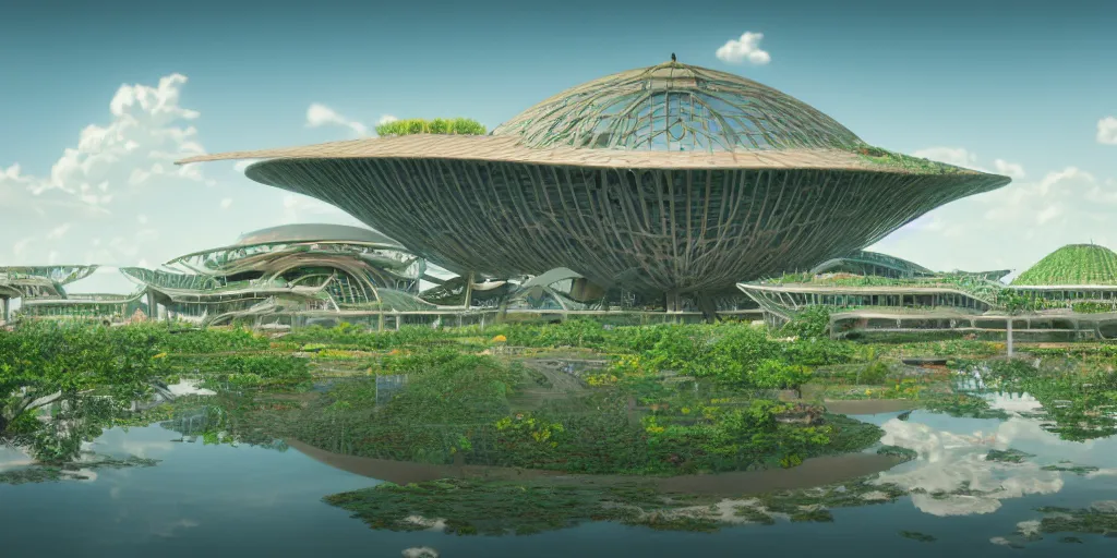 Image similar to expo 6 7 pavillion, solarpunk, studio ghibli, jean - baptiste monge, octane render, 4 k, symmetry