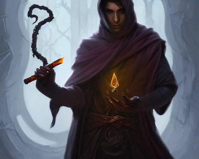 Image similar to young shadow mage male, holding a wizard pipe, shrouded face, deep focus, d & d, fantasy, intricate, elegant, highly detailed, digital painting, artstation, concept art, matte, sharp focus, illustration, hearthstone, art by artgerm and greg rutkowski and alphonse mucha