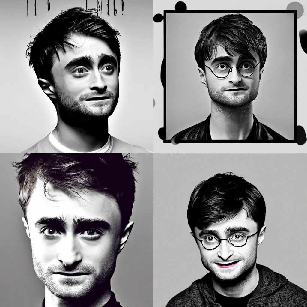 Prompt: Daniel Radcliffe, album cover, black and white, music,