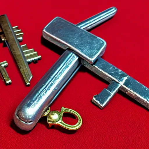 Image similar to a 3d game object of the metal key, very realistic, with large red diamond in it, it is very detailed, on the white background, rpg game inventory item