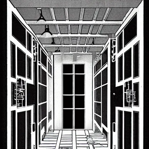 Prompt: a bright white hallway with many doors and stairs full of fungus and mushrooms and rot, Mc Escher architecture, decay, by Junji Ito