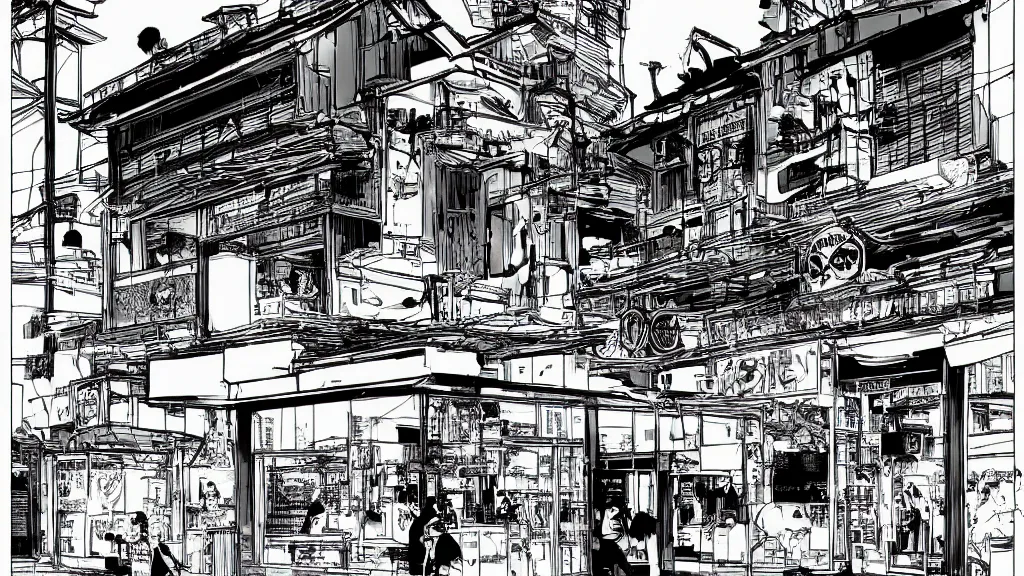 Prompt: The exterior of a Jollibee, manga, b&w, by Tsutomu Nihei