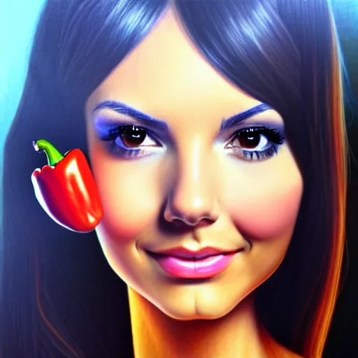 Image similar to victoria justice transformed into a bell pepper, by artgerm, wlop. vastly enriched image quality. lucidly vivid. iridescentally detailed. extremely elegant and beautiful.