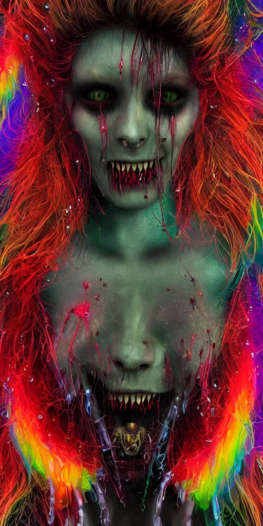 Image similar to impossibly beautiful vampire with large vampire fangs, full body, intricate complexity, surreal horror, psychedelic glitch art, rainbow drip paint, trending on art station, photoreal, 8k, octane render