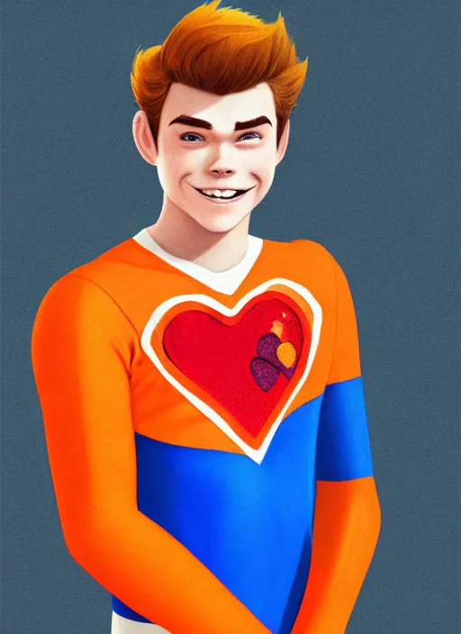 Image similar to friendly teenage archie andrews wearing an orange superhero costume with heart logo, heart, freckles, blue cape, heart emblem on chest, blue cape, intricate, elegant, glowing lights, highly detailed, digital painting, artstation, sharp focus, illustration, art by wlop, mars ravelo and greg rutkowski