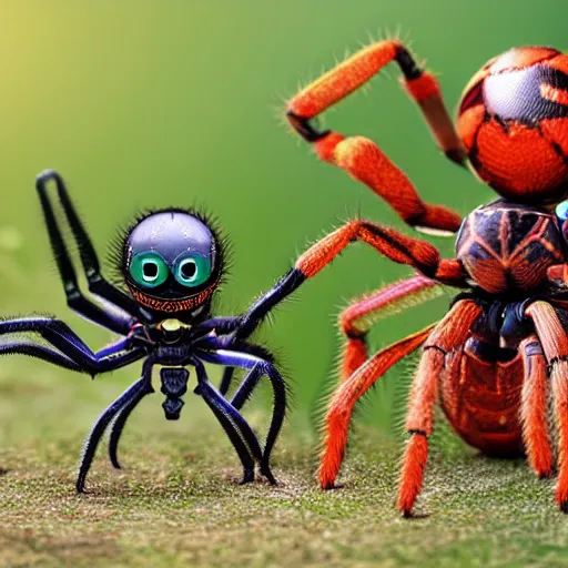 Image similar to Photostock of a soccermom happily married to a giant tarentula. The giant tarentula looks very corporate, wears a tie and weave a web around his wife.