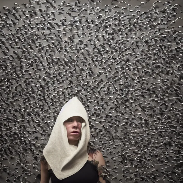 Image similar to a woman wearing a hood made of birds, in an abandoned office building, by helen warner, canon eos c 3 0 0, ƒ 1. 8, 3 5 mm, 8 k, medium - format print