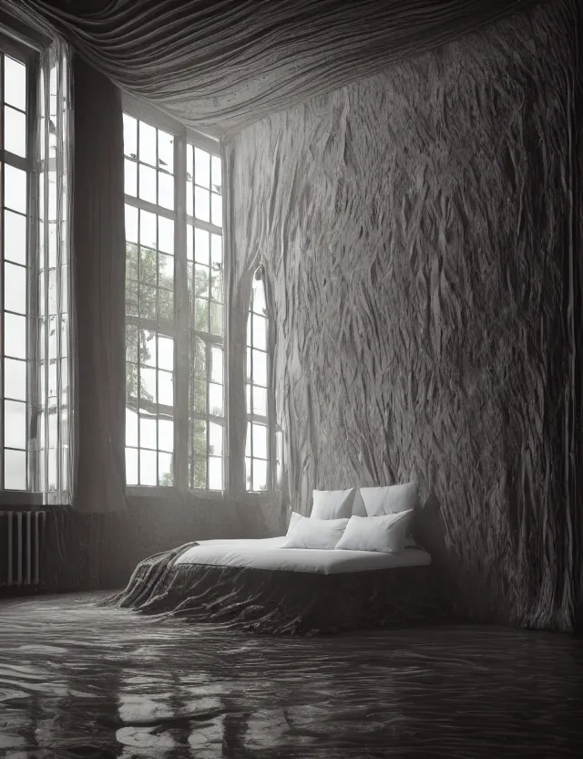 Prompt: wide angle photo of floating bed above floor in the middle of epic room with windows opening to other fantasy dimensions by andrzej sykut by lee madgewick, photorealistic, octane render, recursive!!!!, flowing, cascading, multiverse!!!!!!, labyrinthine, optical illusion, impossible angles