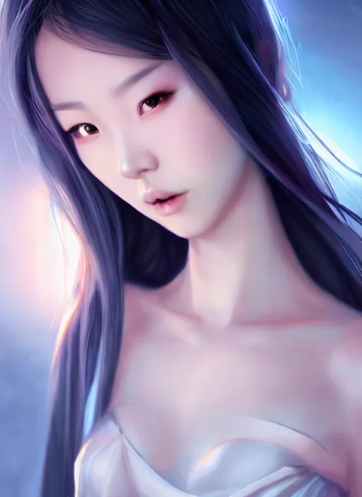 Image similar to beautiful fashion chinese girl like animation, strapless dress, character portrait in the style of thomas river and artgerm, wlop, cinematic lighting, hyperdetailed, 8 k realistic, symmetrical, global illumination, radiant light, halo, love and mercy, frostbite 3 engine, cryengine, dof, trending on artstation, digital art, chanel