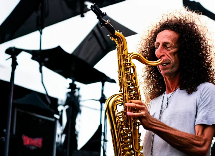 Image similar to photo still of kenny g on stage at vans warped tour!!!!!!!! at age 3 8 years old 3 8 years of age!!!!!!! playing saxophone, 8 k, 8 5 mm f 1. 8, studio lighting, rim light, right side key light