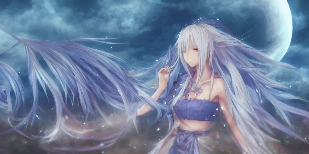 Prompt: final fantasy key visual of a pretty anime girl with blue flowing hair, wearing a short skirt and a crop top, meditating in a magical fantasy temple at night, moonlight, sacred symbols, magical, highly detailed, digital art, artstation, smooth, hard focus, anime cinematic, art by shibashake, cryengine 5 - in the style of final fantasy