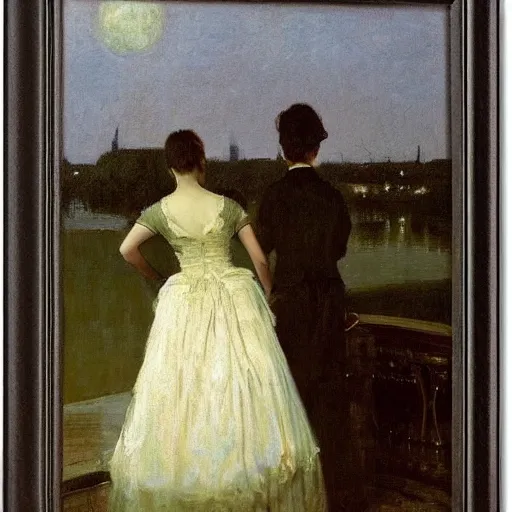 Image similar to young lady in ball gown and young worker watching the sunset by alfred stevens