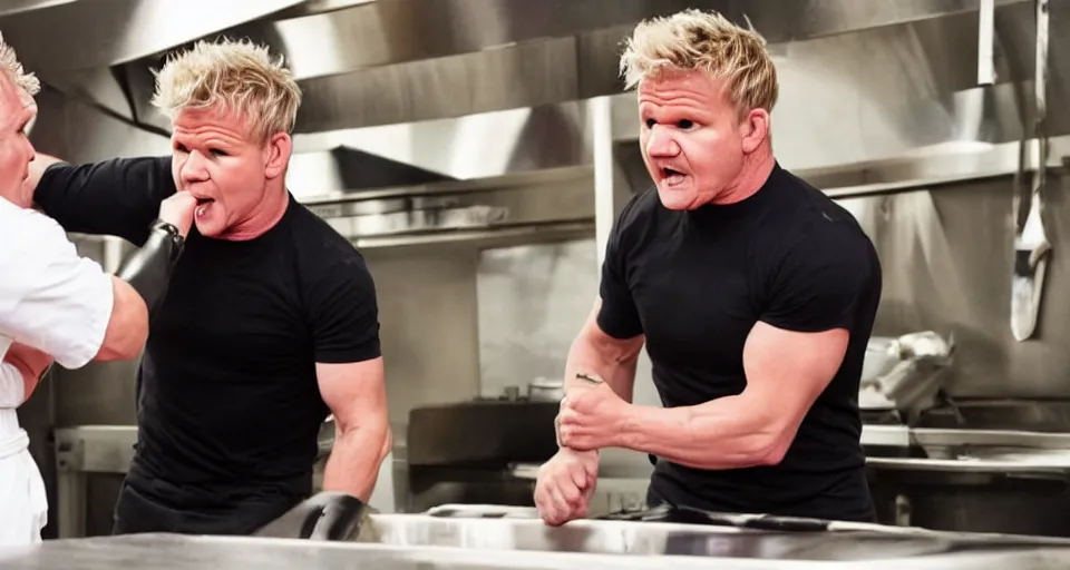 Image similar to photo of angry furious Gordon Ramsay punching Gordon Ramsay at the kitchen