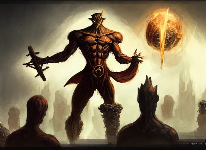 Image similar to a breadtoastman hybrid character giving a speech in front of a podium, audience in the background, by marco bucci and frank frazetta, magic : the gathering fantasy concept art, high resolution, fantasy coloring, intricate, digital painting, artstation, smooth, sharp focus