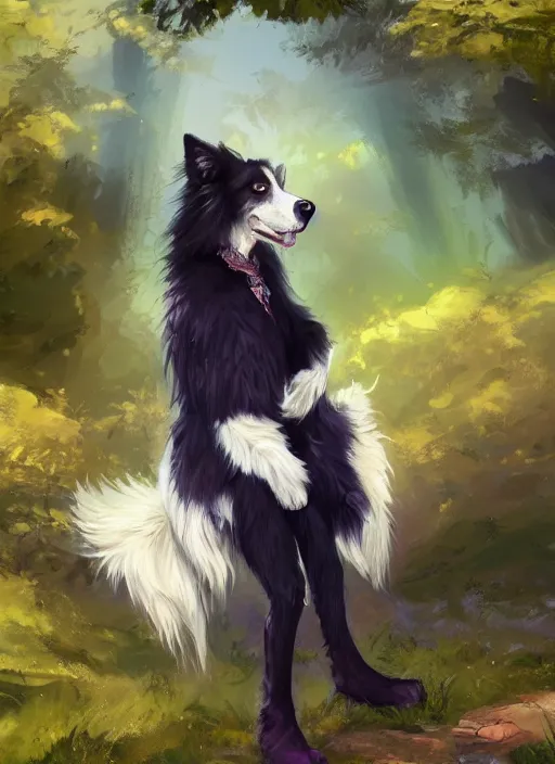 Image similar to beautiful wide angle full body portrait of a cute male anthropomorphic anthro border collie fursona wearing indigo clothes in a park, character design by charlie bowater, henry asencio, and ross tran, scenic background, detailed, glamor pose, aesthetic, trending on artstation, furaffinity, deviantart