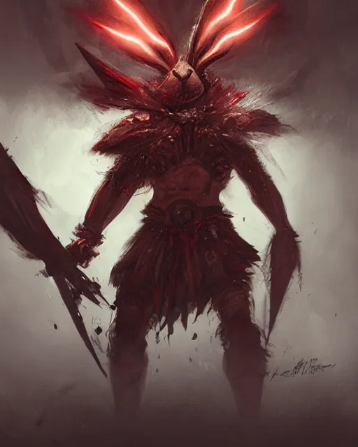 Image similar to Rabbit Berserker, rage, maniac, war paint, red, Khorne, magic the gathering artwork, D&D, fantasy, cinematic lighting, centered, symmetrical, highly detailed, digital painting, artstation, concept art, smooth, sharp focus, illustration, volumetric lighting, epic Composition, 8k, art by Akihiko Yoshida and Greg Rutkowski and Craig Mullins, oil painting, cgsociety