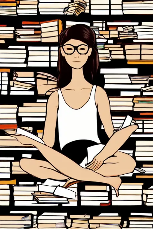 Prompt: a woman with light brown and glasses sits cross legged on top of a tall pile of books. she is reading. clean pretty cartoon painting, beautiful detailed face.