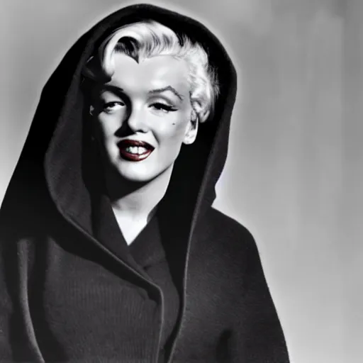 Image similar to marilyn monroe wearing a dark hooded cloak