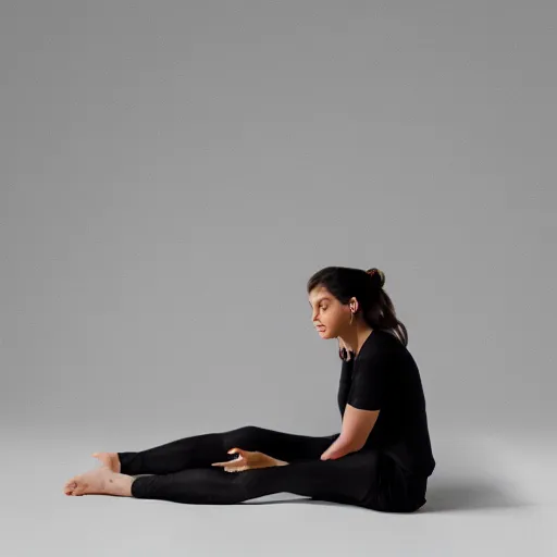 Image similar to a woman sitting on the ground with her legs crossed, a portrait by thomas millie dow, instagram, arabesque, white background, black background, studio portrait