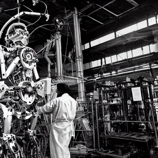 Image similar to scientists discovering a humanoid mechanical robot inside a warehouse, 1 9 2 0's sci - fi, black and white, 8 k, highly ornate intricate details, extreme detail,