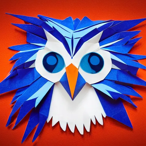 Image similar to logo featuring an owl's head as origami art with piercing white eyes, blue and orange colors, white background, Cut style, detailed