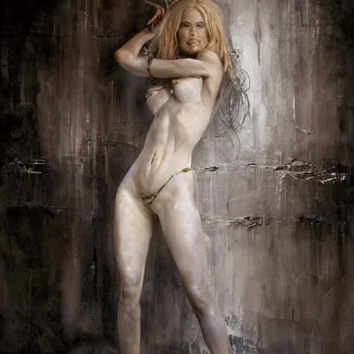 Prompt: nicole kidman chained to a wall in a dungeon, full body, beautiful painting by raymond swanland and magali villanueve, beautiful detailed body and face