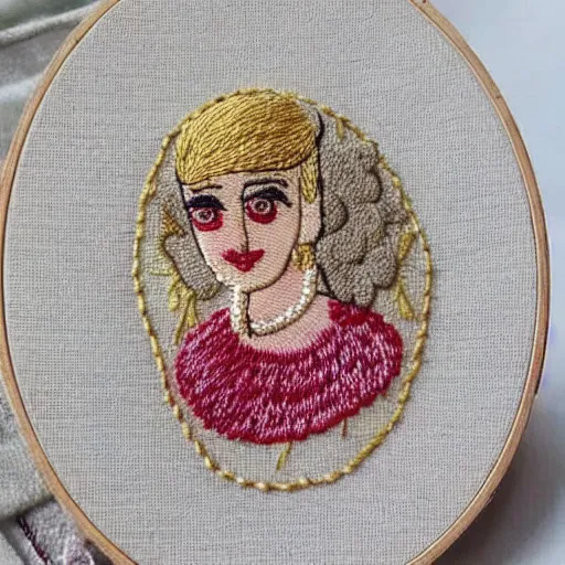 Image similar to a tiny beautiful handmade embroidery of a woman. hand embroidery.